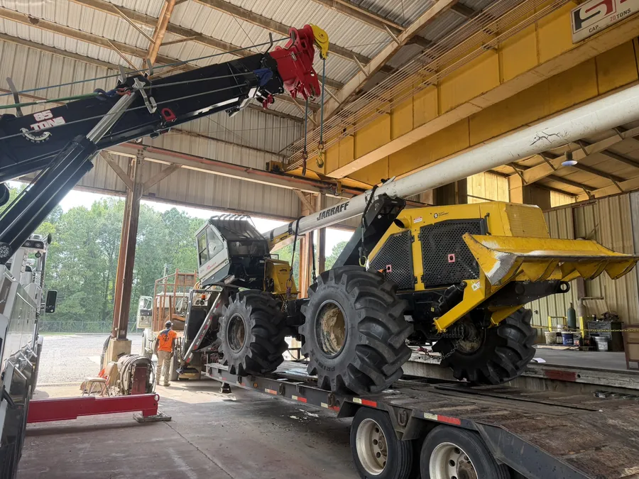 A 2023 Jarraff 75-foot tree trimmer in for a rebuild of the rear half after a vehicle hit the right rear tire.